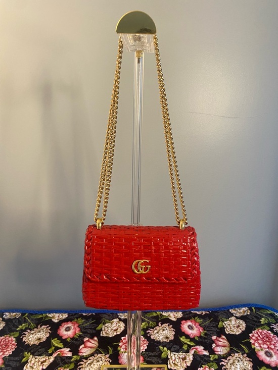 Gucci Handbags - Gucci Red Wicker Woven Mormont  Shoulder Bag with Gold Chain